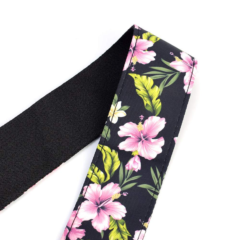 CLOUDMUSIC Guitar Strap Flowers Hibiscus For Acoustic Electric Bass(Pink Hibiscus In Black) Pink Hibiscus In Black