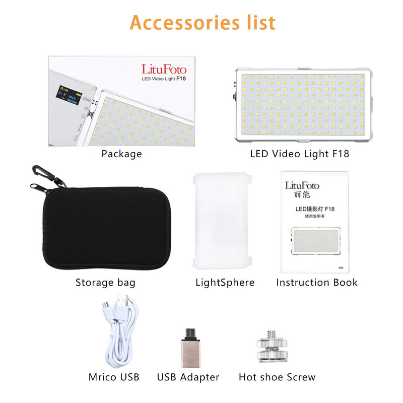 F18 Portable Video Light Camera Photography Lamp Camera Panel Light Video Light 180pcs Bi-Color Dimmable Beads 3200K-5600K Built-in 4040 mAh Battery for Shooting with White Filter and LCD Display… F18