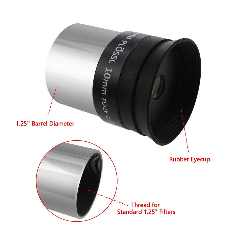 Astromania 1.25" 10mm Plossl Telescope Eyepiece - 4-Element Plossl Design - Threaded for Standard 1.25inch Astronomy Filters