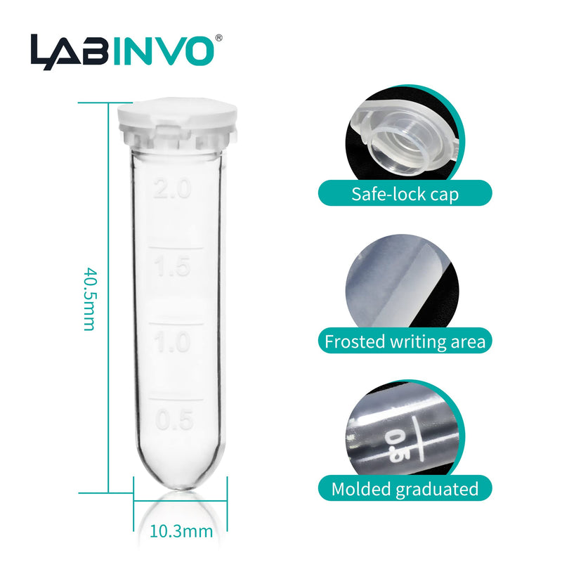 LABINVO 2ml Micro-Centrifuge Tube with Safe-Lock Cap, Frosted Writing Area, Round Bottom, PP Material, Molded Graduation10.3x40.5mm, Pack of 500, IN-MT20N Vol.2ml,500 pcs