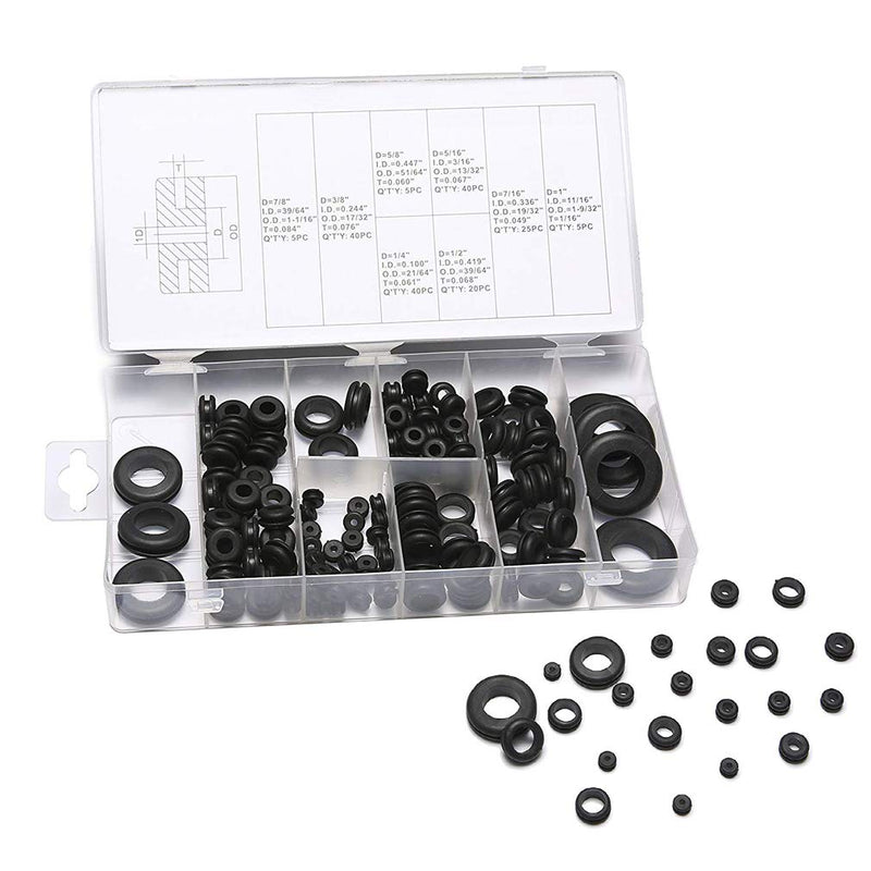 KEWAYO Rubber O-Grommets Set 180pcs Rubber O-Grommets 8 Different Sizes Black Rubber O-Rings Ideal for Cars, Wires, Plumbing, Electrical, Computers with Storage Box.