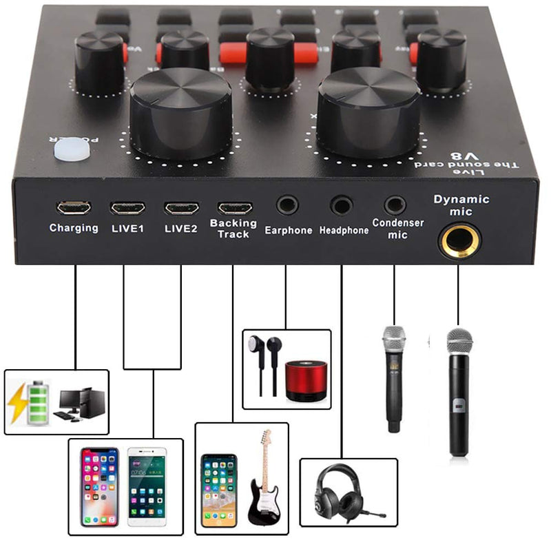 ALPOWL Mini Sound Mixer Board,Live Sound Card for Live Streaming, Voice Changer Sound Card with Multiple Sound Effects, Audio Mixer for Music Recording Karaoke Singing Broadcast on Cell Phone