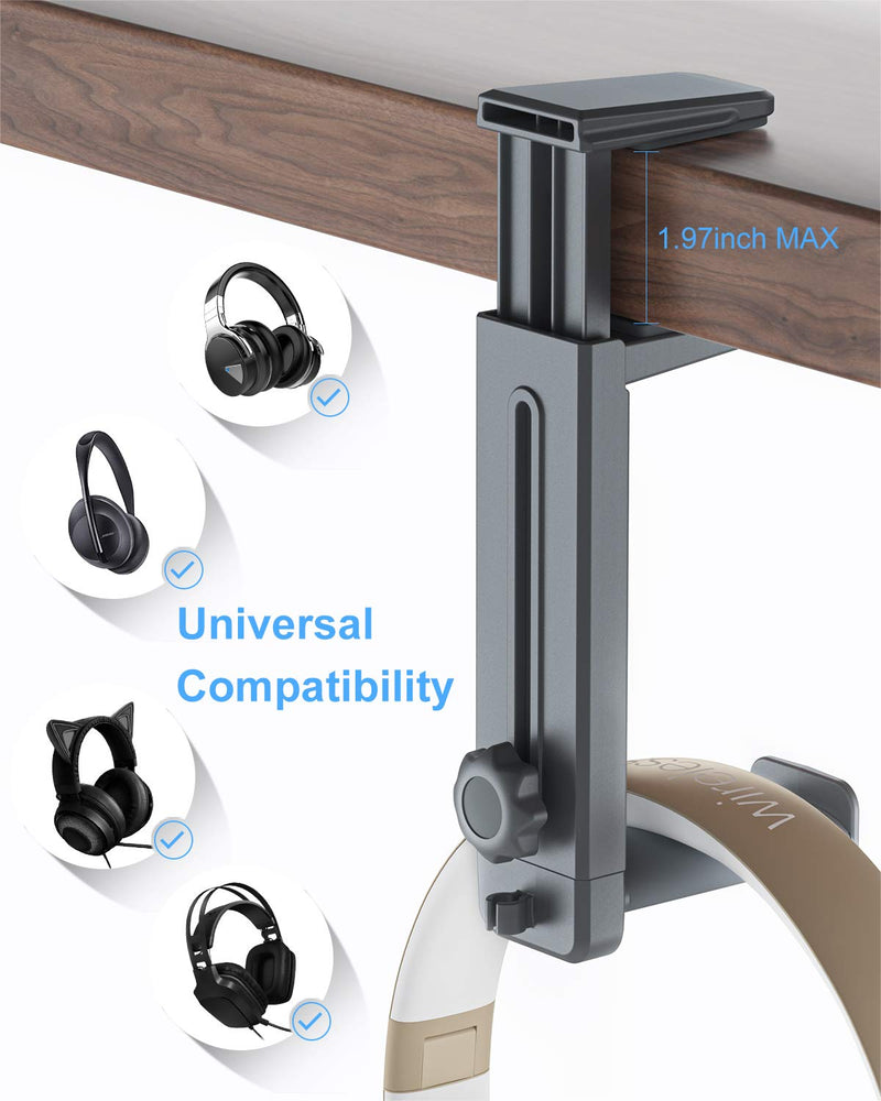 Headphone Stand and Hanger 2 in 1, SUPERONE Headset Hook with Adjustable Height, Wide & Rotating Hook, Cable Clip, Soft clamp Pads, Fit for Desks, Cabinets, Bookshelves and More Gray