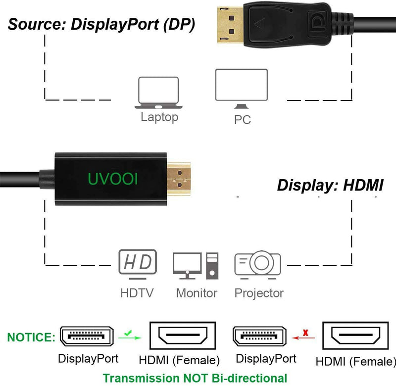 DisplayPort to HDMI HDTV Cable 6 feet, UVOOI Unidirectional DisplayPort DP to HDMI Cable Male to Male Adapter 1080P Support Video and Audio - Gold-Plated Black6ft