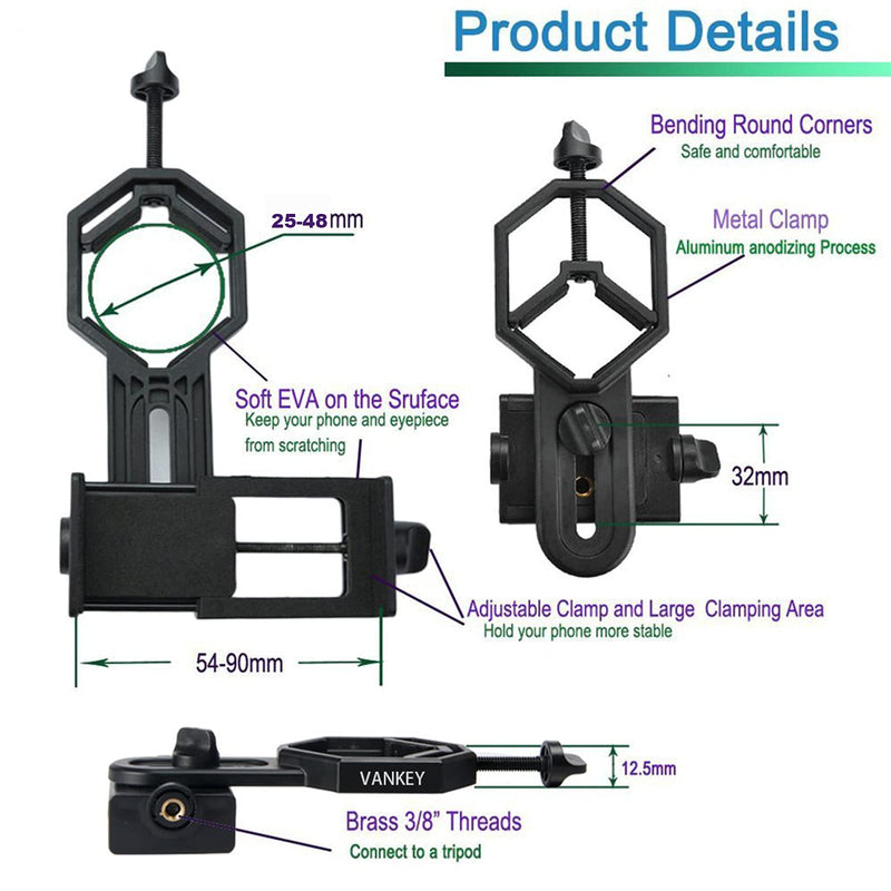 SVBONY Universal Cell Phone Adapter Mount Telescope Phone Mount for Binocular Monocular Spotting Scope Telescope Support Eyepiece Diameter 25 to 48mm 25-48mm