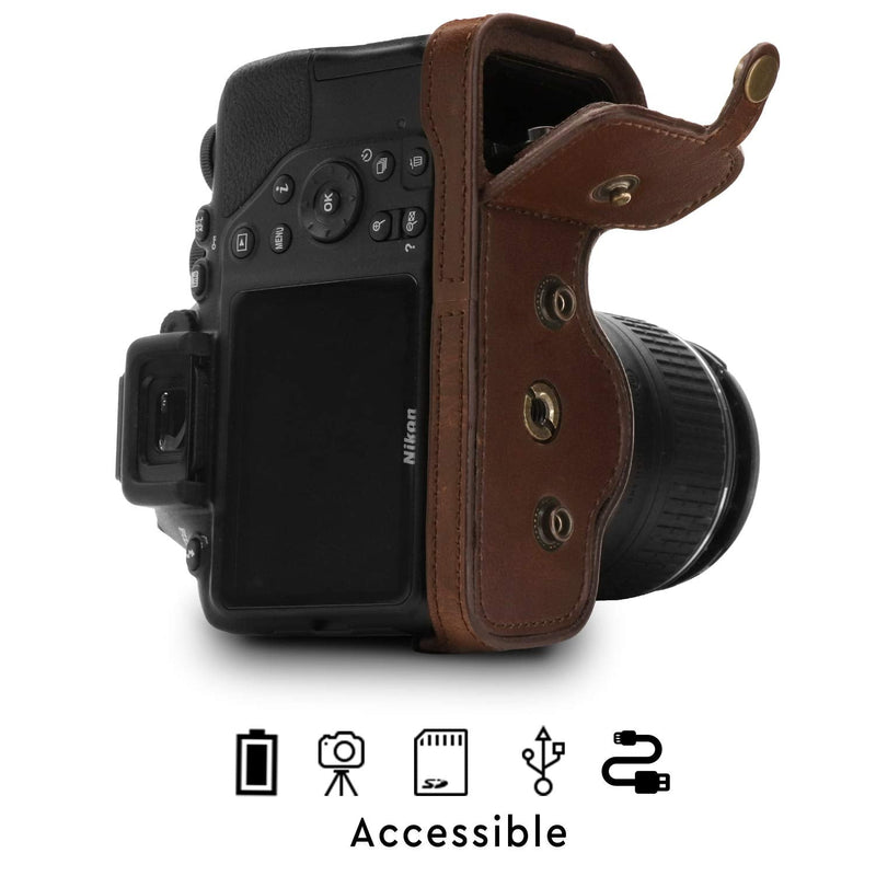 Megagear MG1536 Nikon D3500 Ever Ready Leather Camera Case and Strap - Dark Brown Compact