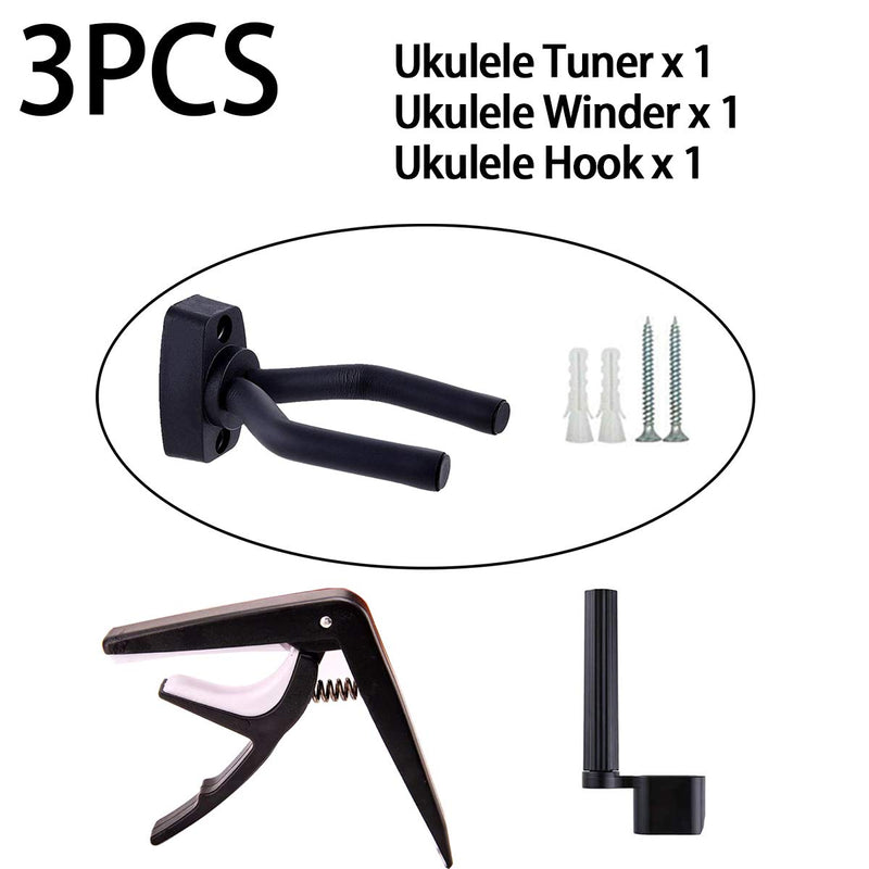 3pcs Ukulele String Accessory Kits Including Nylon Ukulele Tuner, Winder, Hook