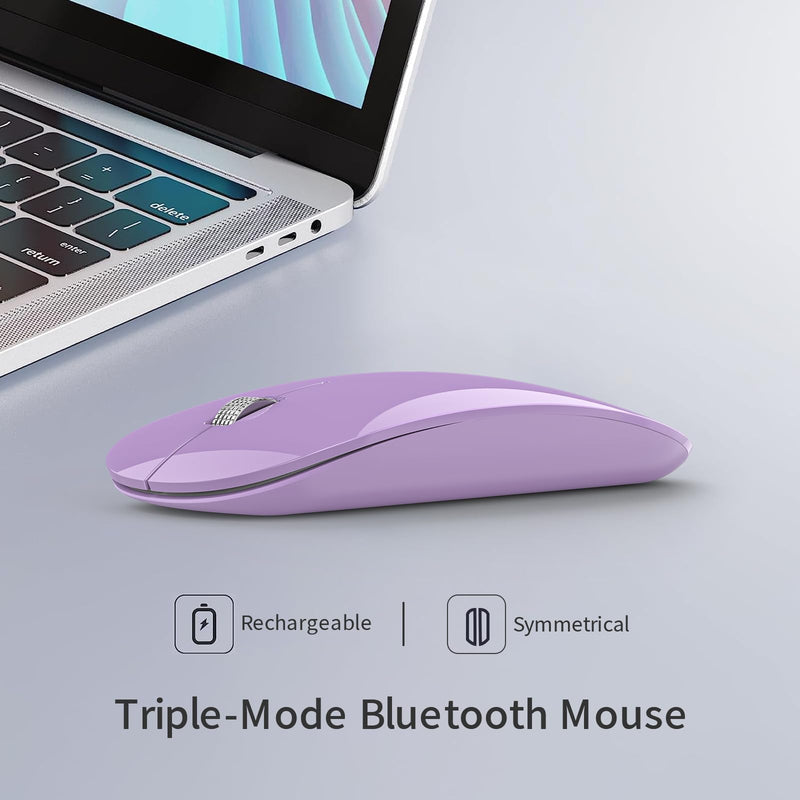 TENMOS M18 Bluetooth Mouse, USB C Rechargeable Wireless Mouse, Triple Mode (Dual Bluetooth+USB) Computer Silent Mice Portable with USB Receiver and Type C Adapter for Laptop/MacBook/iPad/PC - Purple