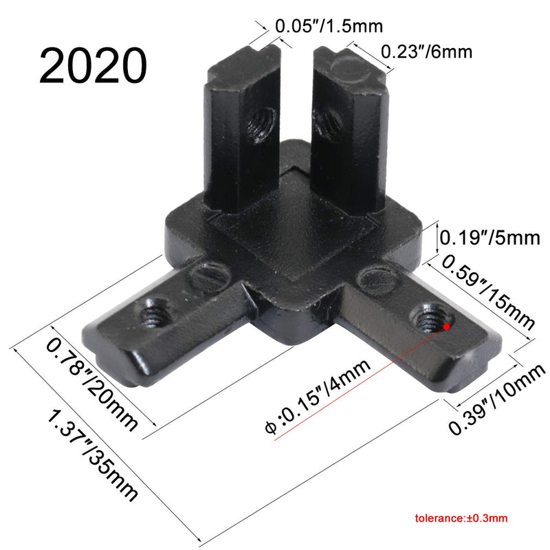 boeray 4 Pack 3 Way Bracket European 3-Way End Corner Bracket Connector for Aluminum Extrusion Profile 2020 Series with Screws and Wrench Black 2020-black