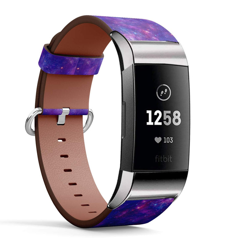 Compatible with Fitbit Charge 4 / Charge 3 / Charge 3 SE - Leather Watch Wrist Band Strap Bracelet with Stainless Steel Adapters (Purple Space Galaxy Stars Print)