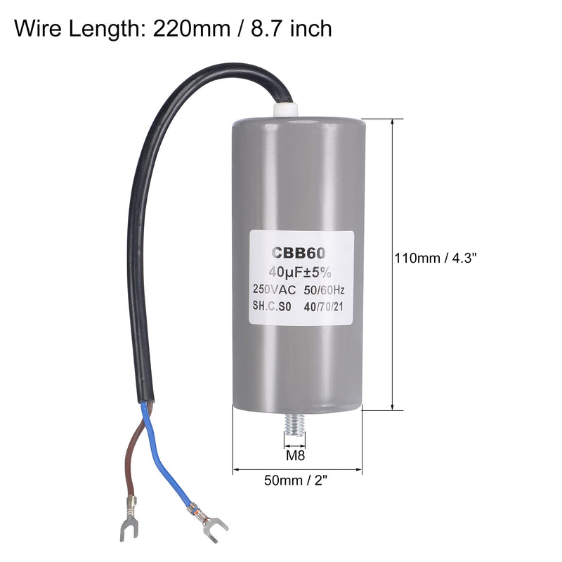 MECCANIXITY CBB60 Run Capacitor 40uF 250V AC 2 Wires 50/60Hz Cylinder 110x50mm with Terminal, M8 Fixing Stud for Air Compressor Water Pump Motor