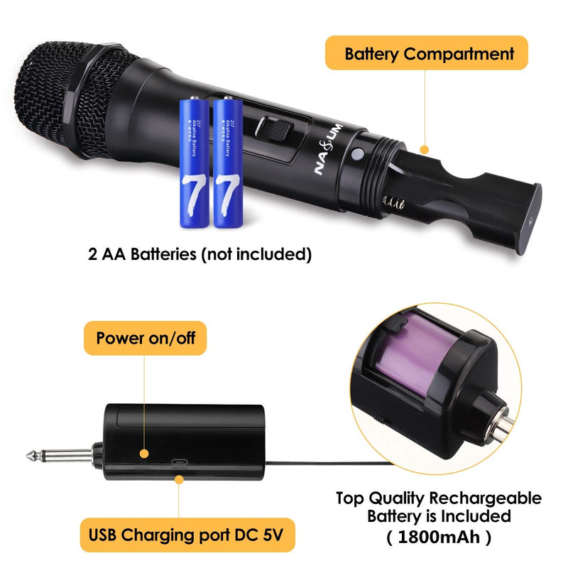 [AUSTRALIA] - NASUM Wireless Karaoke Microphone, UHF Handheld Wireless Mic with 1/4'' Input Rechargeable Receiver, Professional Dynamic Cordless Microphone for Singing, Karaoke, Speech, Wedding, Church, Classroom 