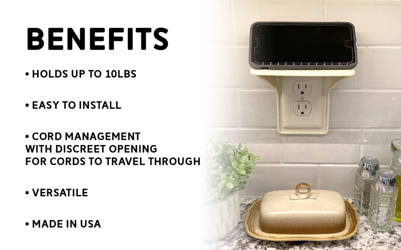 Power Perch Single Wall Outlet Shelf. Home Wall Shelf Organizer for Outlets. Perfect for Bathroom, Kitchen, Bedrooms with Cord Management and Easy Installation. Almond 1-Pack 1 Pack