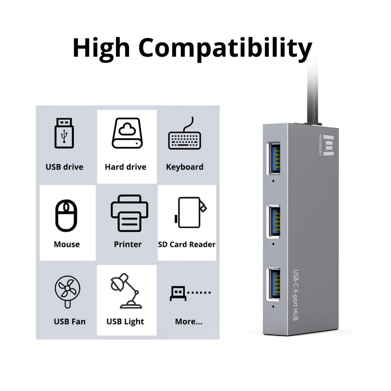 USB C to 4 Ports USB 3.0 Hub Aluminum Type-C Adapter for MacBook Pro,iMac,Chromebook Pixelbook,XPS,Samsung S9 and More by Mosdart 4 USB 3.0 Port Silver-3.0