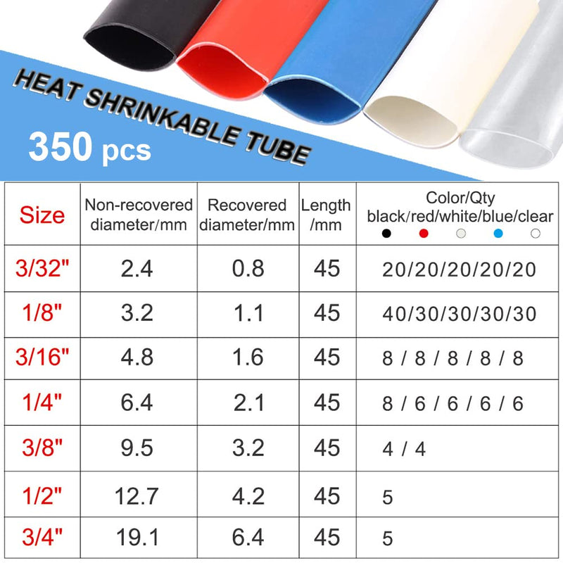 350PCS Waterproof Heat Shrink Tubing Kit, ELECFUN 3:1 Dual Wall Tube-Adhesive Lined- Marine Heat Shrink Tubing, 7 Sizes, 5 Colors-Black, Red, Blue, White, Clear 0 KIT350D Colorful
