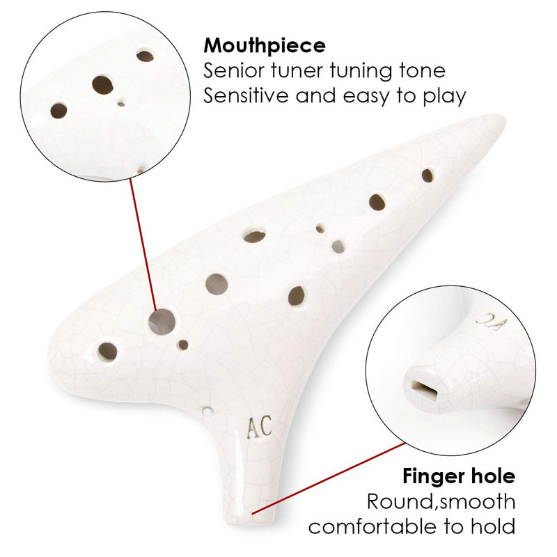 Ocarina 12 Tones Alto C with Song Book Display Stand Neck String Neck Cord (White) White