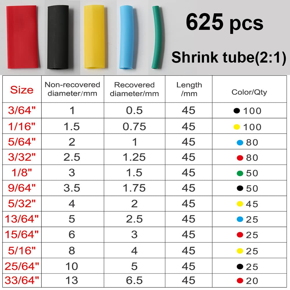 625PCS 2:1 Heat Shrink Tubing Kit, ELECFUN Insulation Industrial Shrink Tubing for Wires, Electrical Wire Cable Wrap Heat Shrink Tube Kit(5 Colors, 12 Sizes) Common Colorful