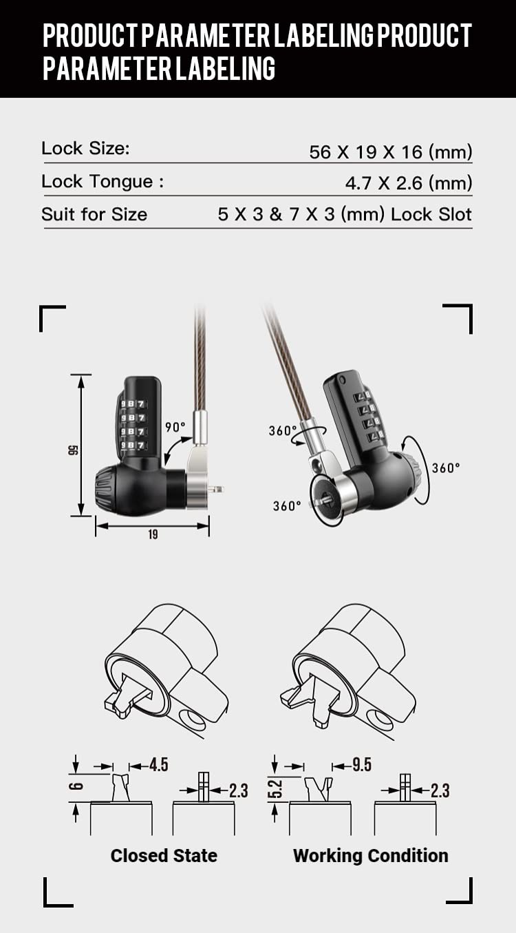Laptop Lock Universal Laptop Cable Lock Combination Computer Lock Compatible with HP Samsung DELL Slot