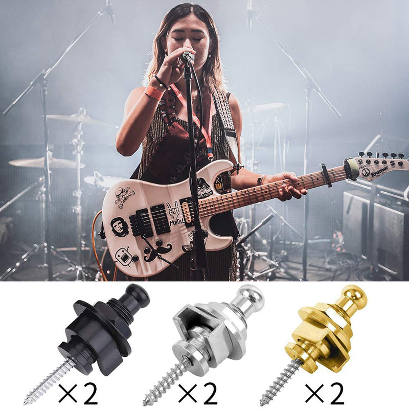 C CLTEIN Guitar Strap Lock Set, Heavy Duty Metal Guitar Strap Button Strap Locking System Hold Tight with Easy Remove Screw and Retainer System 2 Silve+2 Gold+2 Black