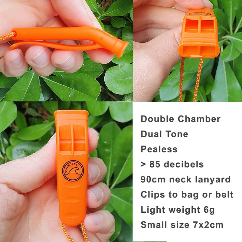 SwimCell Emergency Whistle. Marine, Safety Swimming Whistle. Orange, Pealess, 2 Tone For Rescue, Swimming, Hiking, Outdoor, Sports. Extra Loud >85dbl. 90cm Lanyard and Clip. Pack of 3.