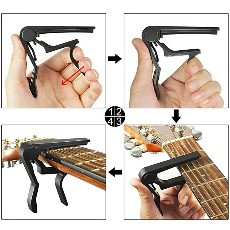 Pack of 3 Capo, Acoustic Guitar Clamp Electric Guitar, Capo for Western Guitar, Acoustic Guitar, Concert Guitar, Single Handed Capo, Acoustic Classic Bass Ukulele (Black / Silver / Gold)