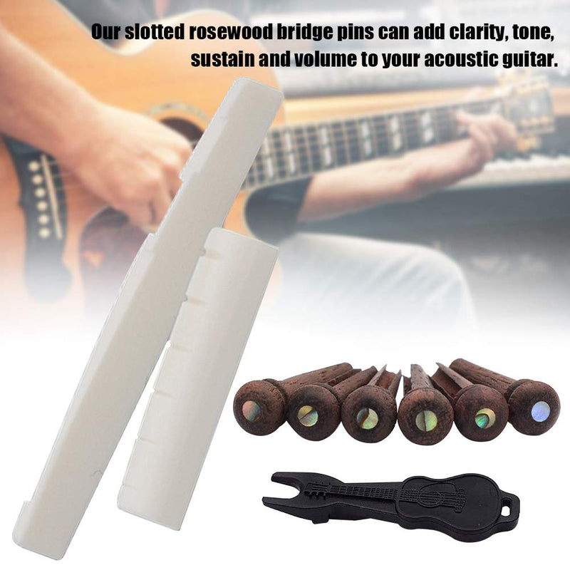 KOET 6 String Guitar Bridge Pins String Pegs, Rosewood Pins with 2 pcs Bone Bridge Saddle Bone Nut for Acoustic Guitar Bridge Pins Puller Extractor Tool As Shown