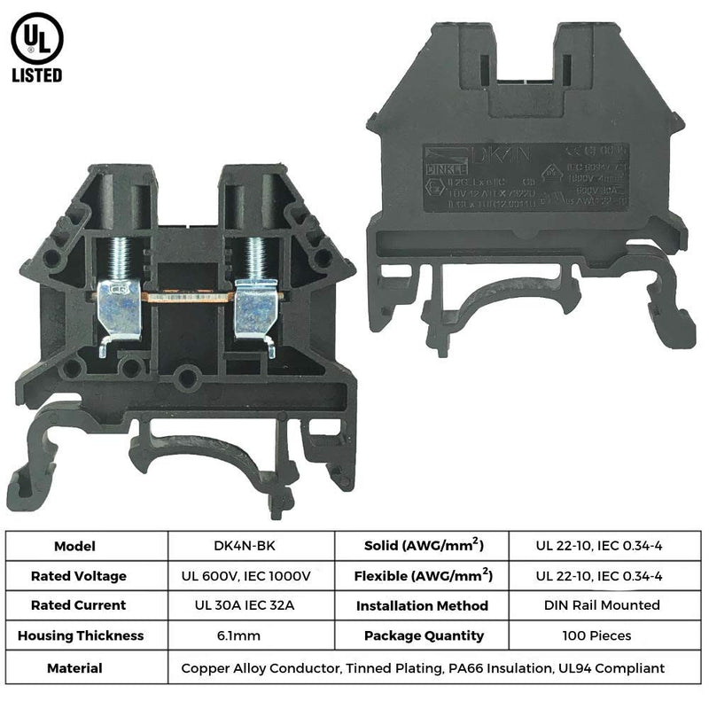 [AUSTRALIA] - Dinkle DK4N-BK DIN Rail Terminal Block Screw Type UL 600V 30A 10-22AWG, Pack of 100 