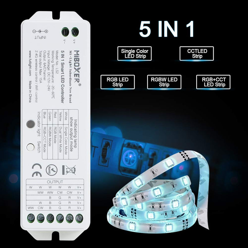 [AUSTRALIA] - LED Strips Controller 5 in 1 Smart LED Controller Single Color/CCT/RGB/RGBW/RGB+CCT Strip Light, Wireless 2.4G RF Remote Multicolor Controller with Smart Phone APP Control (WiFi Box Required) 