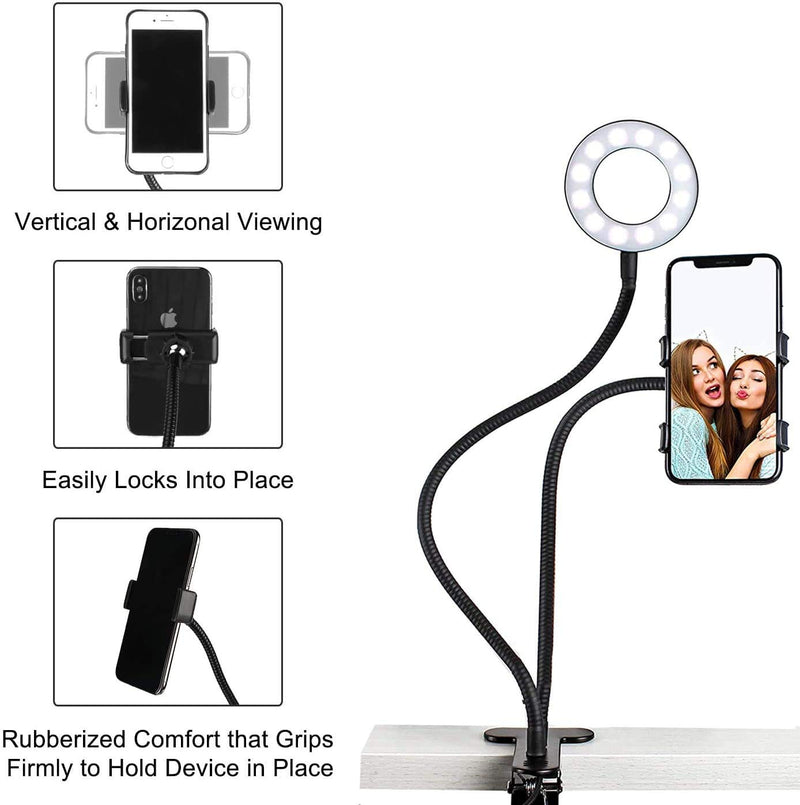 Ring Light with Cell Phone Holder for Live Streaming, Dimmable Clamp on Gooseneck Mount Stand with Selfie Light for YouTube, Facebook, Podcast & Makeup (Black)