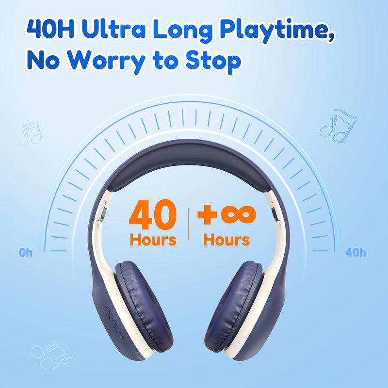 [AUSTRALIA] - Kids Bluetooth Headphones, EarFun K2 Kids Headphones with Volume Limited, 40H Playtime, Bluetooth 5.0 Headphones with Mic, Stereo Sound, Foldable Over-Ear Headphones for Kids/School/Travel/iPad/Tablet 