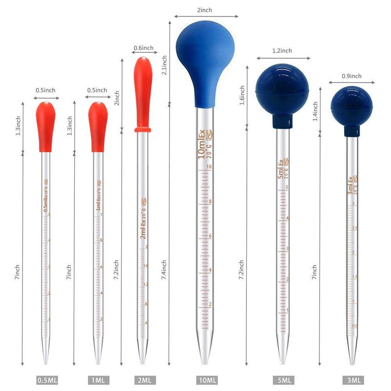 8PCS Thick Glass Graduated Dropper Pipettes Fluid and Liquid Pipettors 0.5ml, 1ml,2ml,3ml,5ml, 10ml,10CM,20CM with Caps and 2PCS Washing Brushes and 2PCS 20cm Glass Stir Rod(20cm-7.8inch) 8