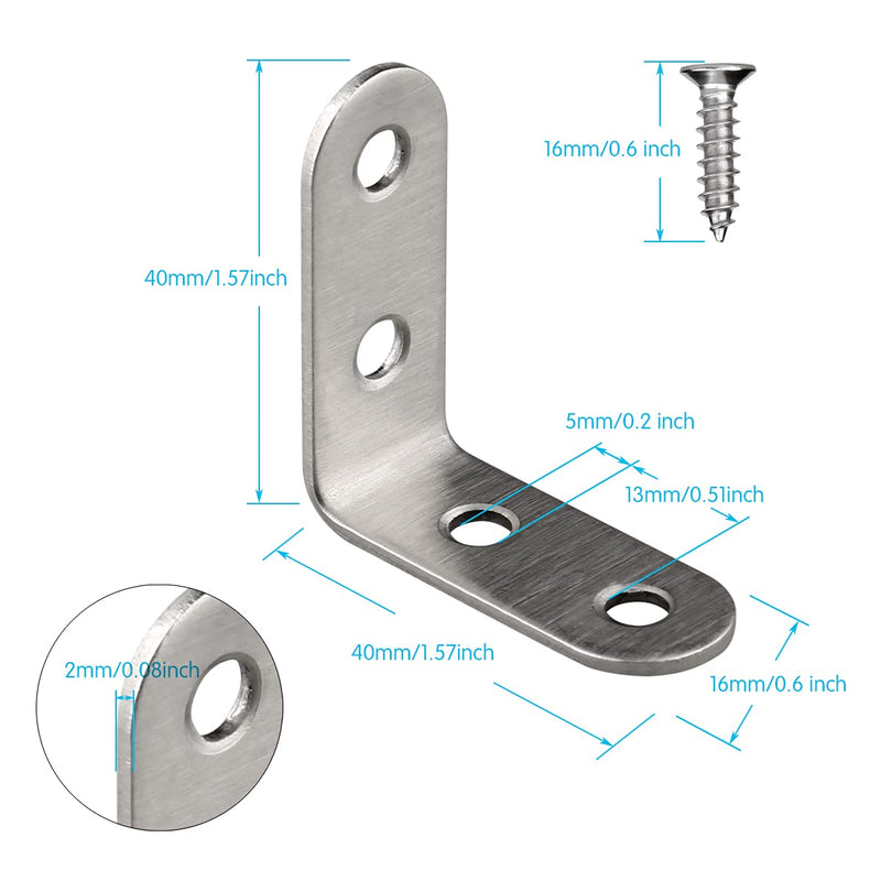 24 Pieces Stainless Steel Corner Braces (1.57 x 1.57 inch，40 x 40 mm) Joint Right Angle Bracket Fastener L Shaped Corner Fastener Joints Support Bracket, 96 Pieces Screws Included 1.57*1.57 inch