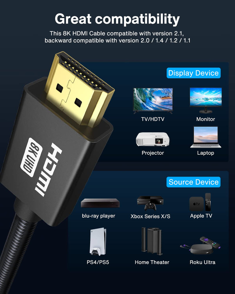 8K HDMI 2.1 Cable 48Gbps 10ft, iVANKY Certified Ultra High-Speed Braided HDMI Cable, 4K@120Hz 8K@60Hz eARC HDR HDCP 2.2 2.3 Compatible with PS5/PS4/Apple TV/Fire TV/Roku/Xbox/MacBook Pro 2021