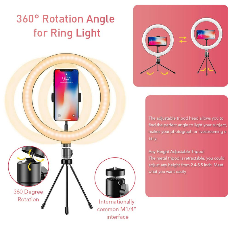 Apexel 10" Selfie LED Desk Ring Light with Adjustable Tripod Stand,3 Modes 10 Brightness Levels,LED Ring Light with Phone Holder for Vlog,Live Steaming,YouTube Video,Self-Portrait Shooting