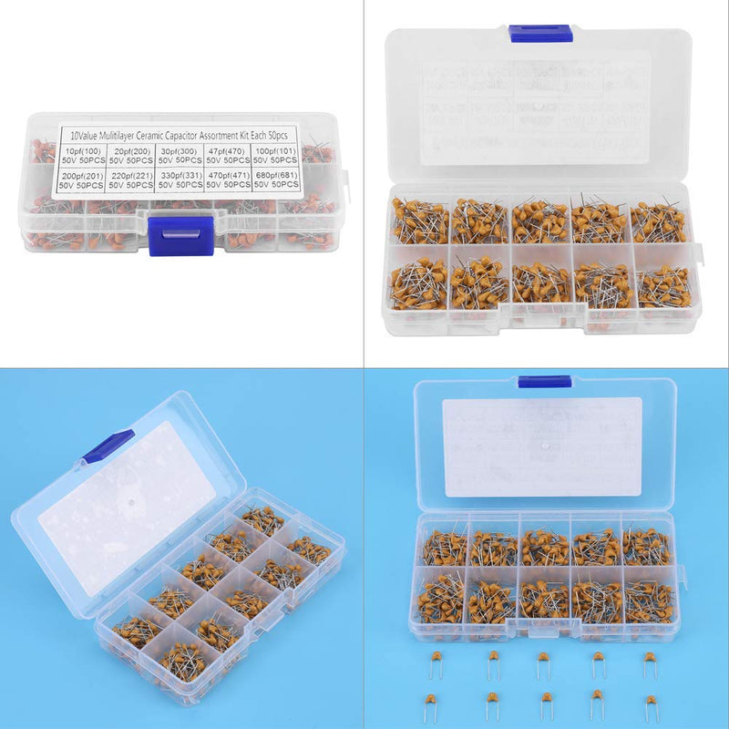10 Values 50V 10PF-680PF Monolithic Ceramic Capacitor Assorted Kit Transparent Box Industrial Electrical Passive Components 500Pcs