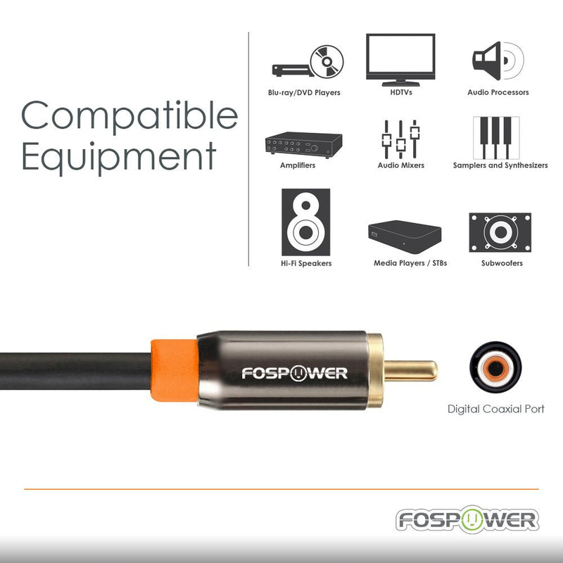 FosPower (6 Feet Digital Audio Coaxial Cable [24K Gold Plated Connectors] Premium S/PDIF RCA Male to RCA Male for Home Theater, HDTV, Subwoofer, Hi-Fi Systems 6 Feet
