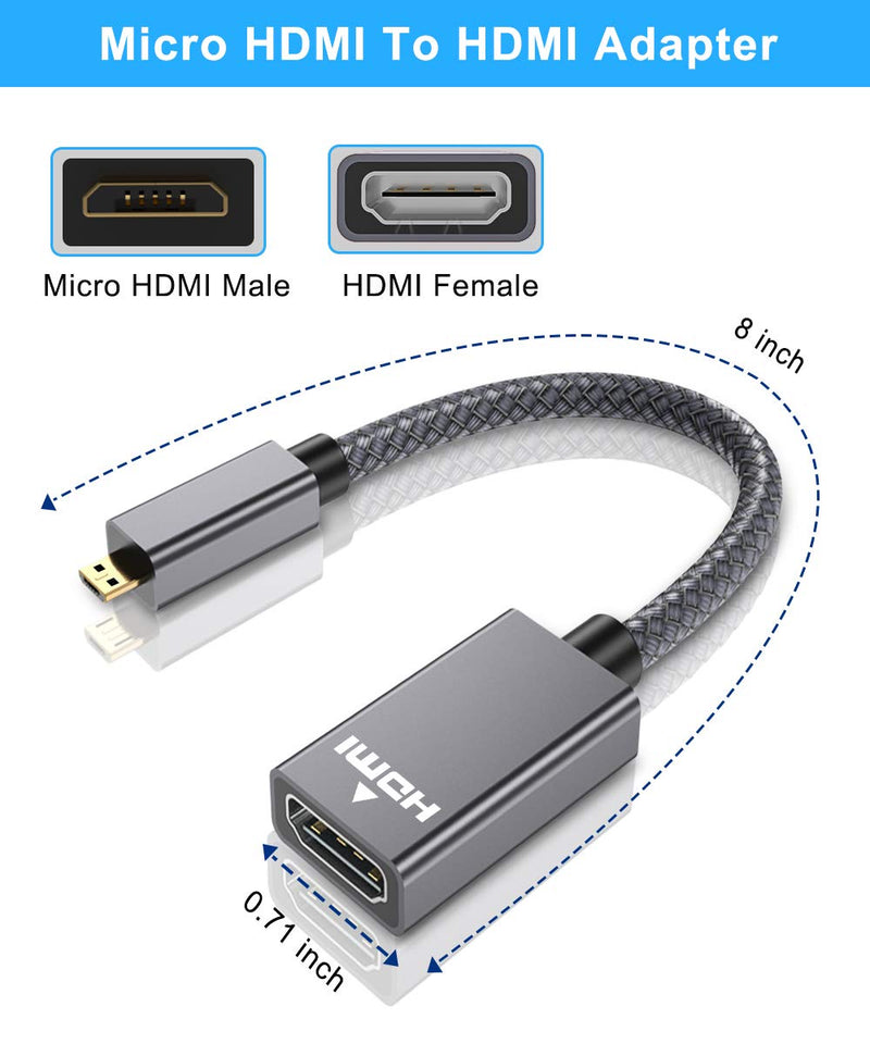 Micro HDMI Male to HDMI Female Cable Adapter,4K/60Hz 0.67 FT High Speed Standard HDMI 2.0 Connector for Raspberry Pi 4,GoPro Black Hero 7 6 5 4,Sony Camera A6000 A6300,Nikon B500 Gray