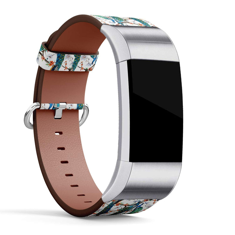 Replacement Leather Strap Printing Wristbands Compatible with Fitbit Charge 2 - Watercolor Pattern Peacock Lover and Blooming Cherry Trees