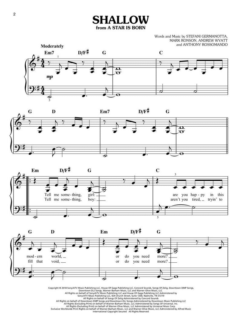 Lady Gaga - Shallow (from A Star Is Born) - EASY PIANO Sheet Music Single