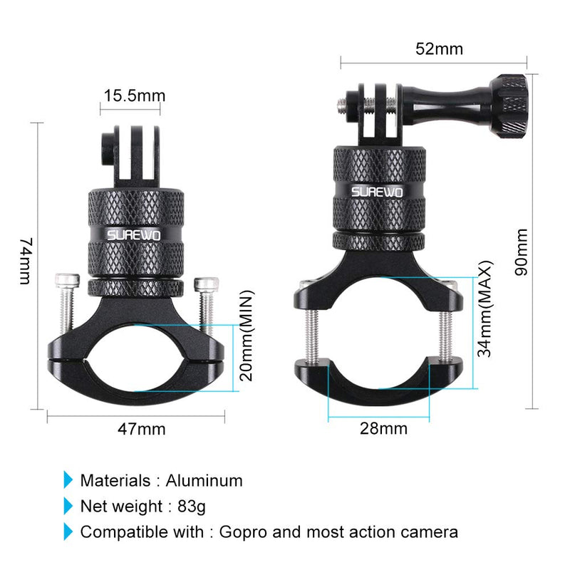 SUREWO Bike Mount for GoPro Hero 10/9/8/7/6/5 Black,GoPro Max,Camera Aluminum Bicycle Motorcycle Handlebar Mount Compatible with DJI Osmo Action 2,Xiaomi YI,Crosstour and Most Action Cameras