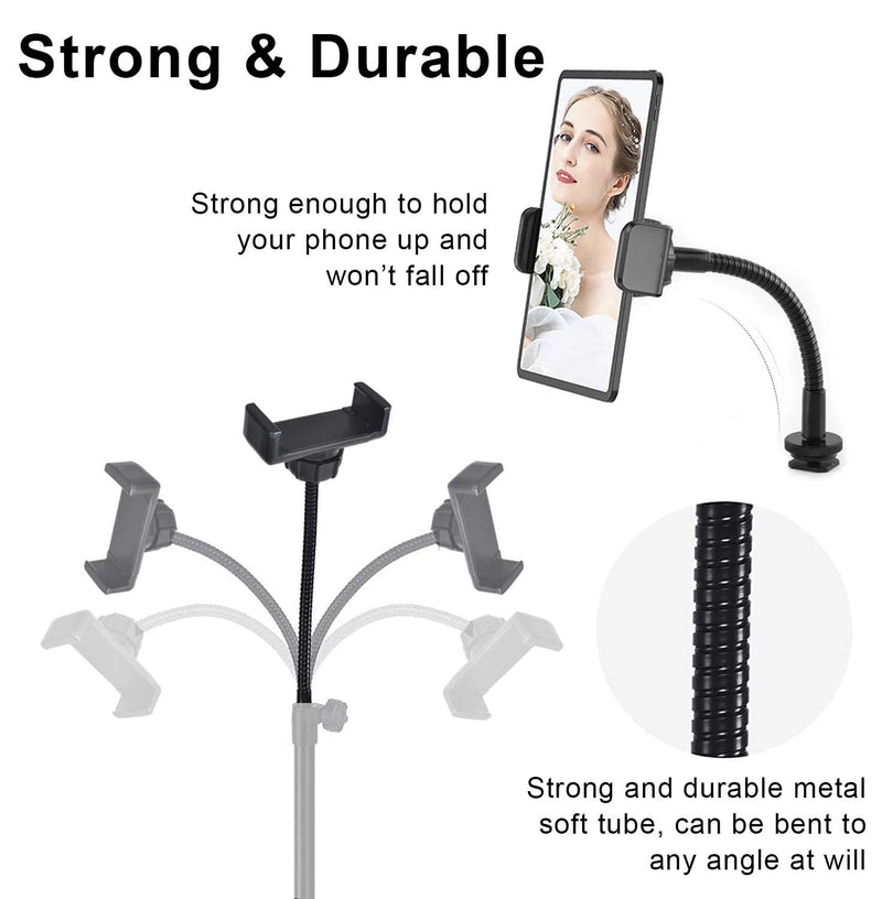 Phone Holder for Ring Light and Tripod Stand with 1/4" Female Thread Adapter, Flexible Gooseneck Phone Tripod Mount with Detachable Hot Shoe and 1/4" to 1/4" Male Threaded Converter Fits Most Devices