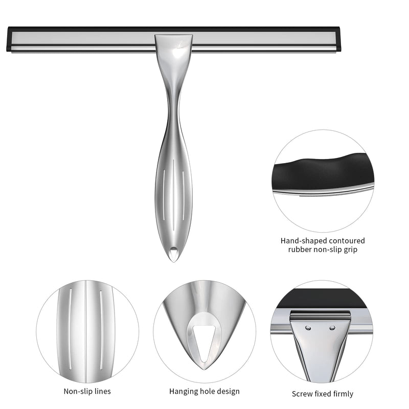 Shower Squeegee Set, 10-Inch Stainless Steel Squeegee for Bathroom, Shower Doors, Mirrors, Tiles, and Car Windows - 100% Streak Free, Includes Shower Door Hook, Adhesive Hook and Spare Silicone Blade Silver