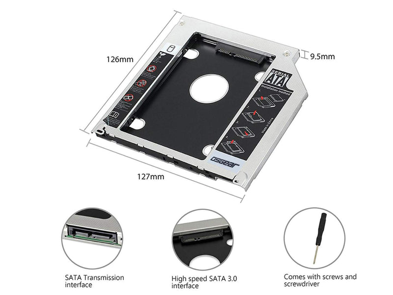 OSGEAR 2.5" 9.5mm 2nd Box Caddy Bay SATA HDD SSD to BD DVD CD RW Drive Tray ODD Laptop Hard Disk for ASUS ACER Toshiba Samsung 9.5mm SATA