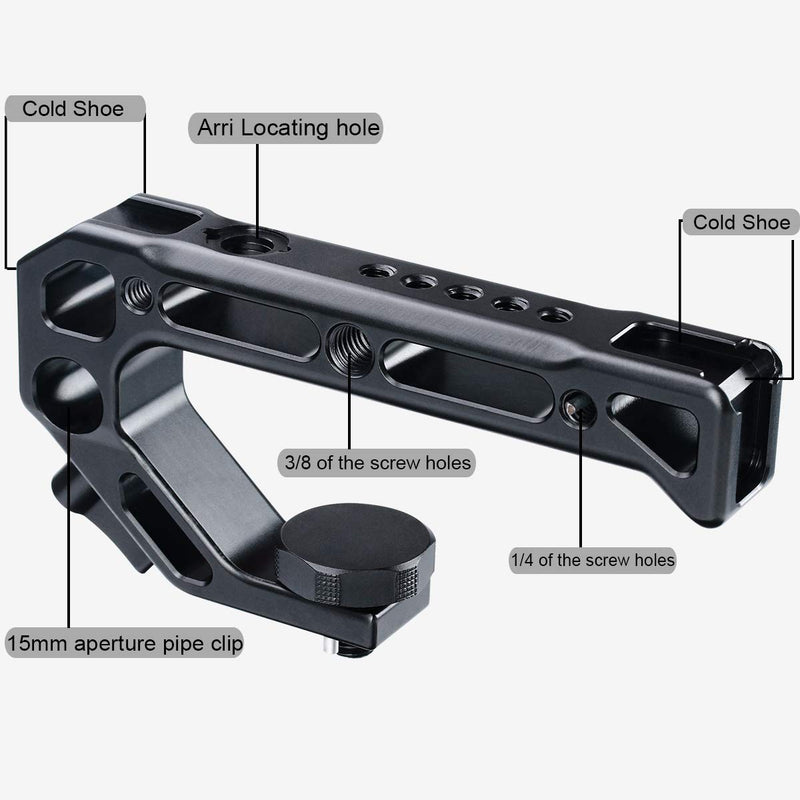 UURig R008 Camera/DSLR Top Handle ARRI Hole Connection Grip for Sony A6400 6300 Camera Cage Low Angle Shots 4 Cold Shoe Mount Microphone 15MM NATO Rail Rod Clamp Tube Hole, Video Film Making Accessory