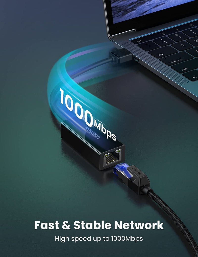 UGREEN USB Ethernet Adapter USB 3.0 to 10 100 1000 Gigabit Ethernet LAN Network Adapter Ethernet Compatible for Nintendo Switch MacBook Surface Pro Laptop PC Black