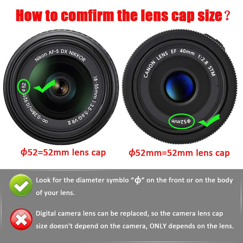 52mm Lens Cap for Nikon D850 D7500 D3500 Camera with AF-S 18-55mm lens，Canon EOS 90D , Rebel T7, 200d ii Camera w/ EF-M 55-200mm 18-55mm Lens，Snoy E w/ Sigma 30mm F1.4 Contemporary DC DN Lens（2 Pack） 52mm