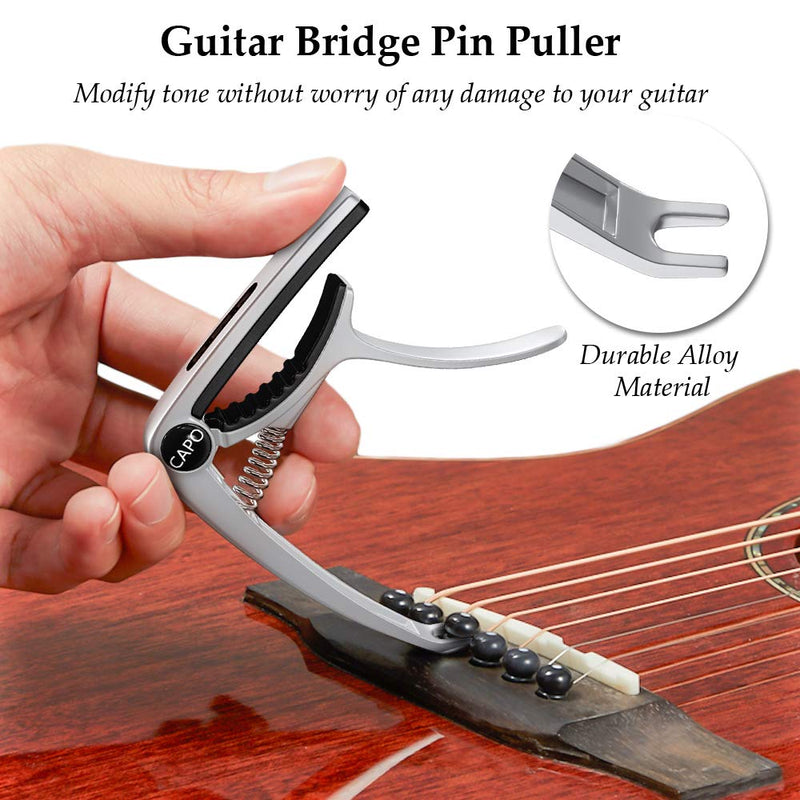 Olycism Guitar Capo with 10Pcs 0.46mm Guitar Picks & Guitar Bridge Pin Puller & Built-in Pick Holder for Acoustic Electric Guitar Classical Ukulele (Silver & Wooden) Silver & Wooden
