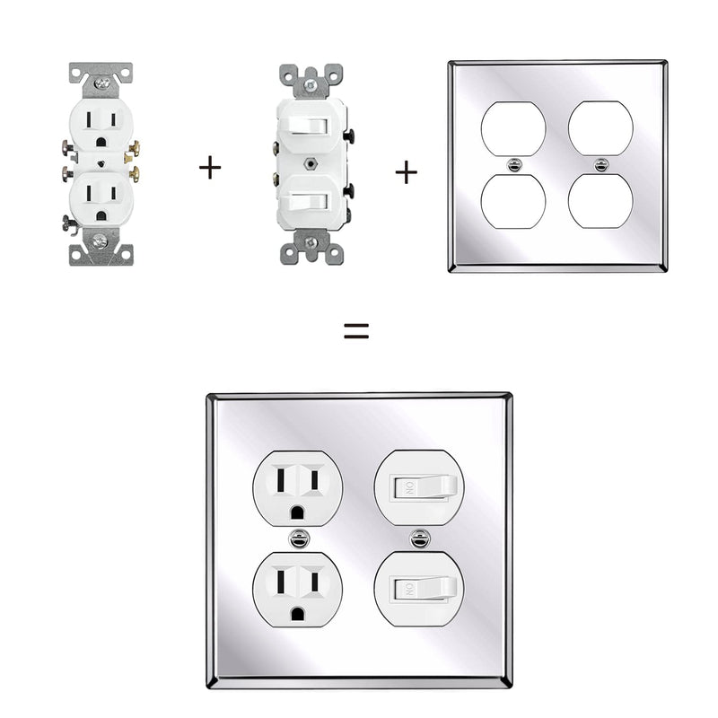 [2 Pack] BESTTEN 2 Gang Mirror Polished Stainless Steel Duplex Wall Plate, Solid Metal Receptacle Outlet Cover, Chrome Appearance