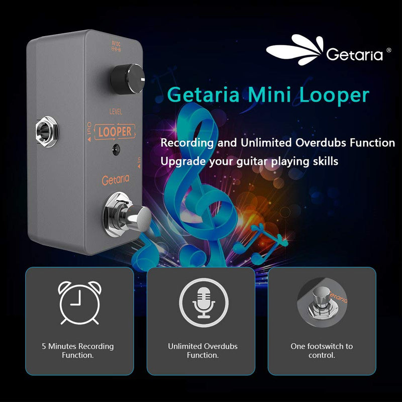 Getaria Mini Looper Guitar Bass Effects Pedals Unlimited Overdubs 5 Minutes of Looping with USB cable