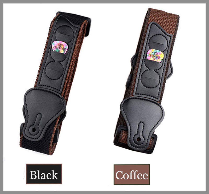 WOGOD Guitar Strap Soft Cotton Black Guitar Shoulder Straps With 3 Pick Holders for Acoustic Electric Bass Guitars (Black+Coffee) Black+Coffee